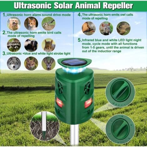 Solar Powered Ultrasonic Animal Repeller - 9 Meter Detection Range - 5 Adjustable Modes - IP44 Waterproof - 360° Protection Against Cats and Foxes