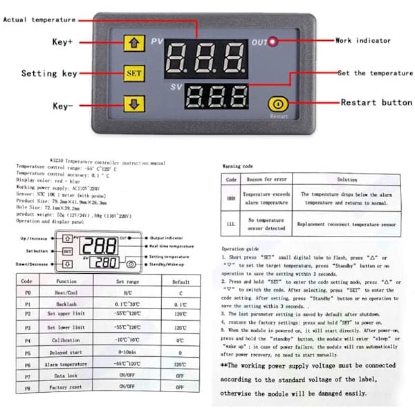 1 stk W3230 AC 110V-220V Digital temperaturregulator, NTC 10K Digital displaytermostatkontrollbryter