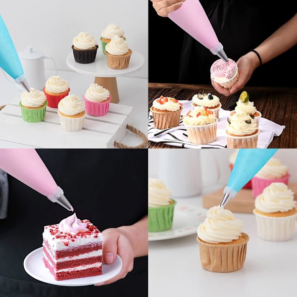 Sprøyteposer og tipssett, 100 stk engangs sprøyteposer, engangs sprøyteposer for kakedekorasjonssett tilbehør med frosting tips, posebånd, etc.