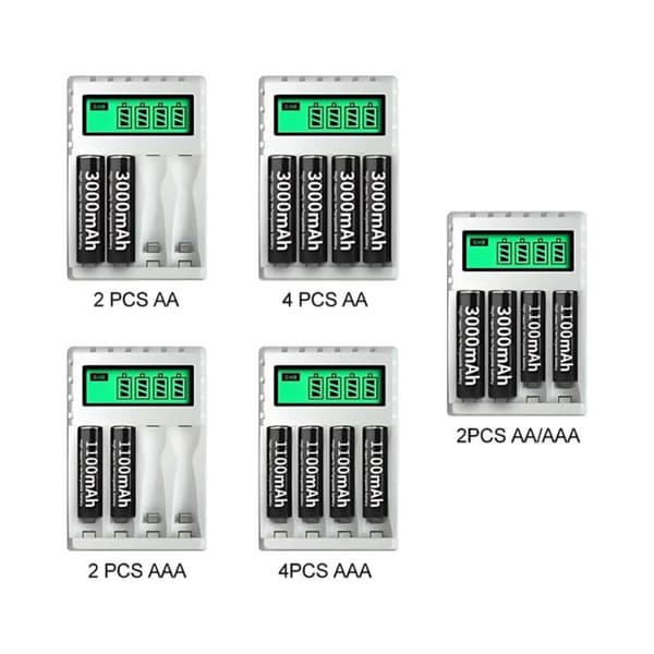 LCD005 Smart Charger for AA/AAA Batteries - 4 Slots - LCD Screen - USB-C/Micro-USB - Fast Charging - Length: 9.3 cm / Width: 6.3 cm / Height: 2.7 cm