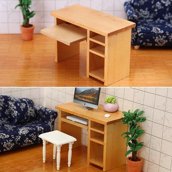 1:12 Compact Computer Desk with Pull-Out Keyboard Tray for Bedroom Office Study Table