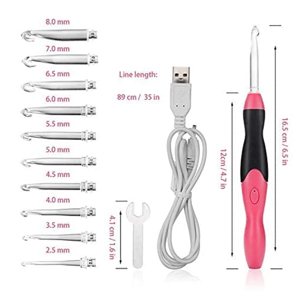 Luminous Crochet Hook Set - 11 Sizes Interchangeable Heads. With Case, USB Rechargeable LED Lighted Crochet Hook, A