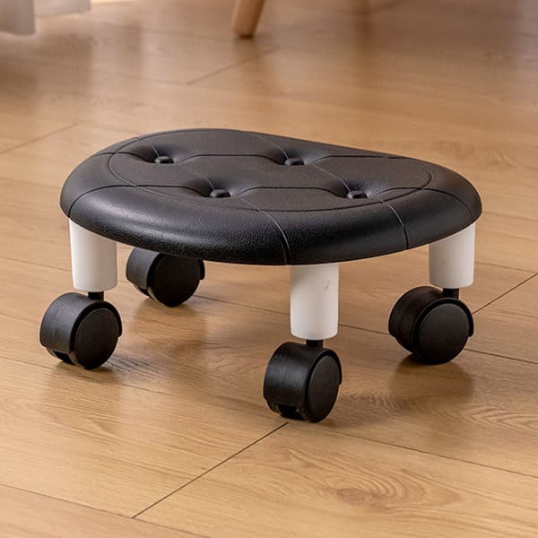 Round Low Rolling Stools Faux Leather Universal Wheels Small Rolling Stool Swivel Stool High Weight Capacity for Home Black