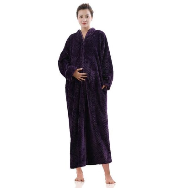 Women's Flannel Robe Zipper Front Long Plush Full Length Bathrobe with Pockets M-XL