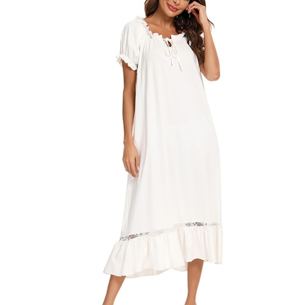 Women's Nightgowns Home Pajamas Lace Up Nightdress Short Sleeve Long Sleep Dress Bathroom White Size: 2xl