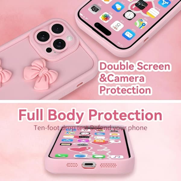 Søde covers til iPhone 16 Pro Max, lyserødt 3D-sløjfe design, blødt, stødsikkert, beskyttende telefoncover til piger og kvinder, A