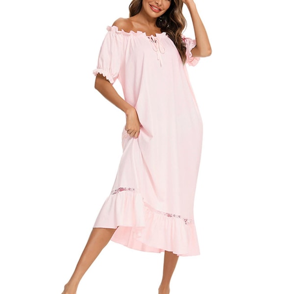 Nattlinnen för kvinnor Hem Pyjamas Nattlinne med snörning Kortärmad Lång sovklänning Badrum Rosa Storlek: L