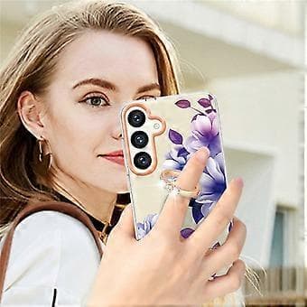 Compatible Back Cover for Samsung Galaxy S24 with Ring Stand Flower Pattern Electroplated TPU Case (Purple)
