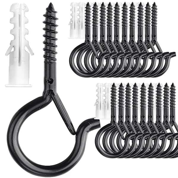 20-pack Q-Hanger String Light Hooks, Screw-in Hooks for Hanging Outdoor String Lights, Heavy Duty 2.2 Inch Black Loop Hooks