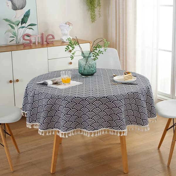 120 cm Tasseled Tablecloth, Round Tablecloth Made of Polyester Cotton, for Dining Table, Coffee Table, Garden Table (Blue Wave Pattern)