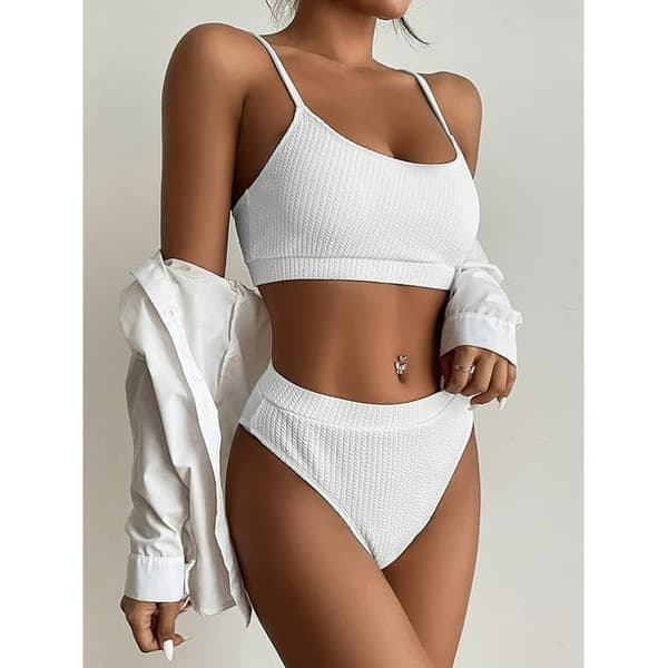 Kvinner Høy midje Ribbet Cami Bikini Sett Hvit M-US8 Hvit M White M