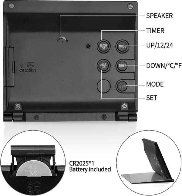 Digital Travel Alarm Clock - Foldable Calendar & Temperature & Timer LCD Clock - Large Digit Display - Compact Desk Clock (Black)