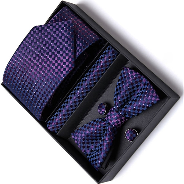 Herr slips set fluga näsduk manschettknappar moderiktigt elegant slips set för bal festival mörklila