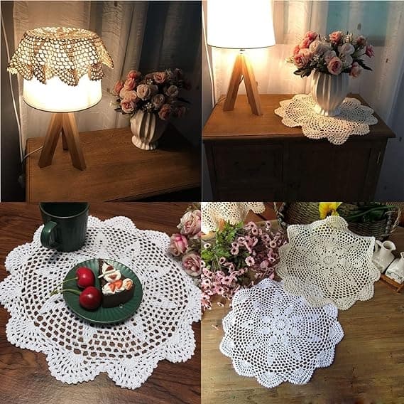 Håndlaget heklet blonde duk i bomull, rund, hvit, 40 cm