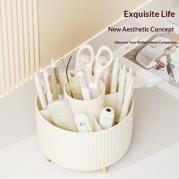 Makeup Brush Holder with Large Capacity, 360° Rotating Makeup Organizer, Makeup Brush Cup with 5 Compartments (Cream)