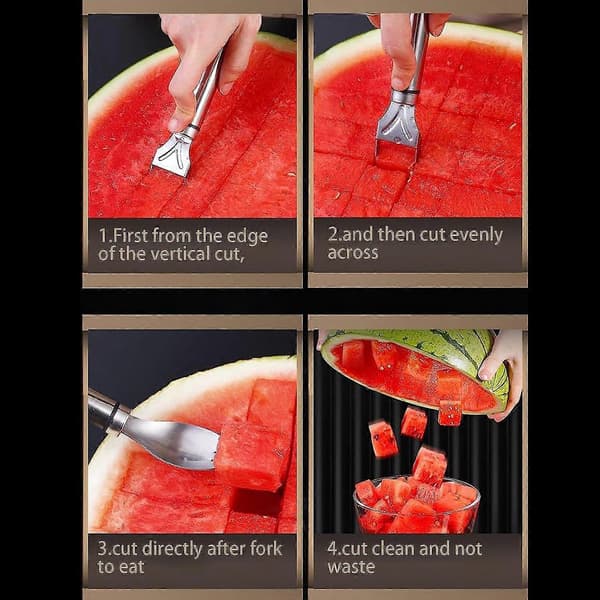 Vannmelonkutter, 2-i-1 Melon Kutter Gaffel, Vannmelonkutter Fruktkutter, Laget Av Rustfritt Stål Med Dobbelthode