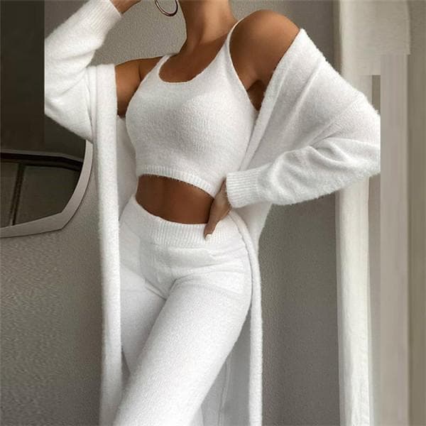 Korallfleeceset för kvinnor Höst Vinter Pyjamas 3 delar Pyjamas Väst + Byxor + Jacka Tredelad Kostym Vit Vit M M White