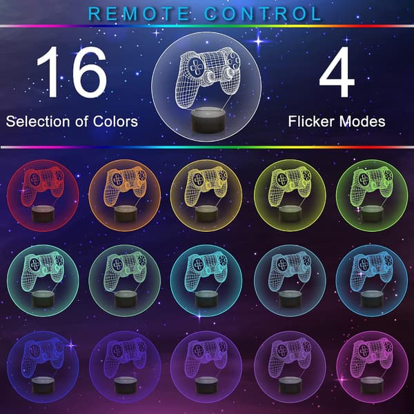 3D Gamepad Illusion Lampe, Spillkontroll Nattlampe med Fjernkontroll-FX-