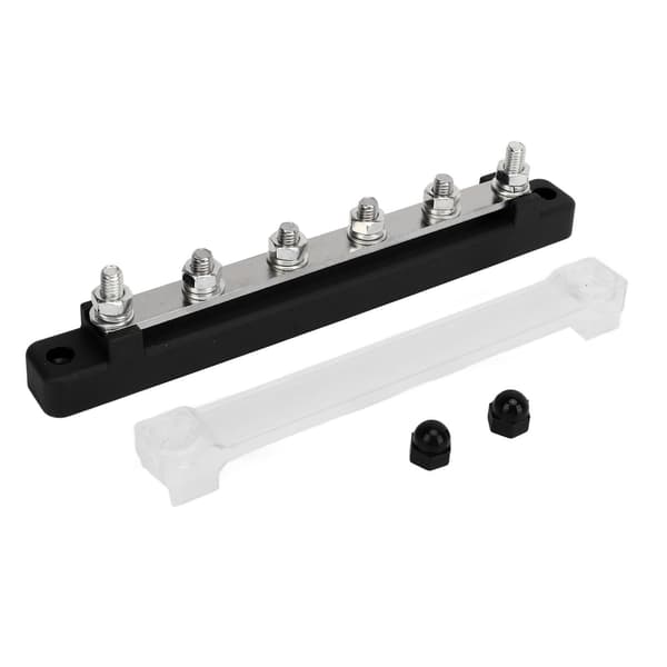 6-polet strømskinne med støvdæksel, M6-studs, DC12V til 48V, 150A til biler, både, autocampere, sort