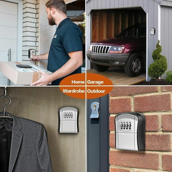 Wall Mounted Key Box Mini Outdoor Security Box with 4-Digit Resettable Code Waterproof Key Box for Home Factory Garage (Grey)