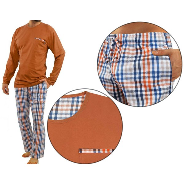 Sesto Senso herrpyjamas 100 % bomull långärmad + pyjamasbyxor nattdräkt - 2527/04 brons - L