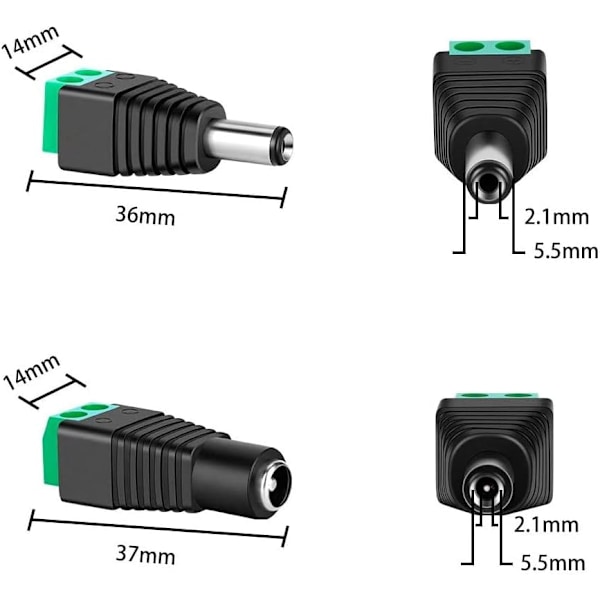 DC-kontakt hann/hunn plugg Balun-adapter 12V Jack-uttak Adaptere Brukes for videoskjerm CCTV-kamera Kabel LED-stripe Lys 2.1 x 5.5mm