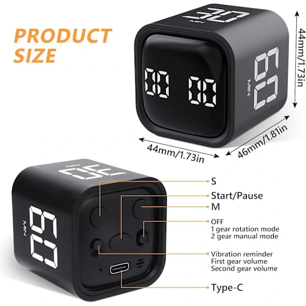Terning Time Timer, Pomodoro Roterende Timer, 5/10/30/60 Minutter og Digital Timer, Timer til Børn med Vibration, Justerbar, A