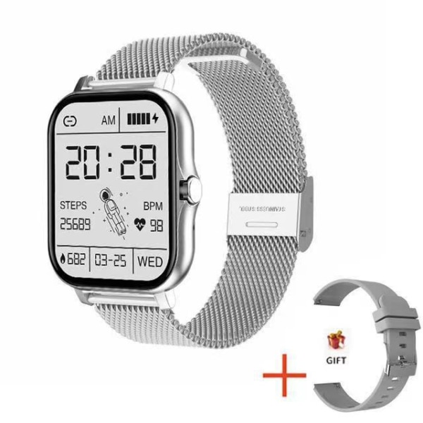 Smartwatch: Bluetooth Talk Sport Pedometer Sleep Health Monitor - Silver (stål + silikonband)