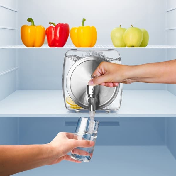 Beverage dispenser with tap for fruit and ice, refrigerator-friendly