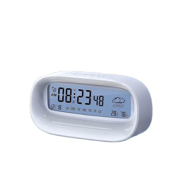Oval digital LED-väckarklocka med kalender, väder, temperatur och luftfuktighet