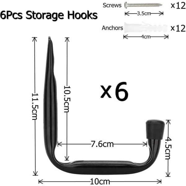 6-pack Heavy Duty Garage Storage Hooks - 11.5 cm x 10 cm