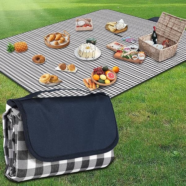 Large Picnic Blanket, 200 x 200 cm Beach Blanket, Waterproof Bottom, Machine Washable and Foldable (Blue Checkered)