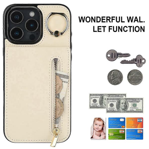 Case for iPhone 16 Pro Max with RFID-blocking ring, stand, retro leather+TPU, anti-drop phone case - Wi Beige Beige
