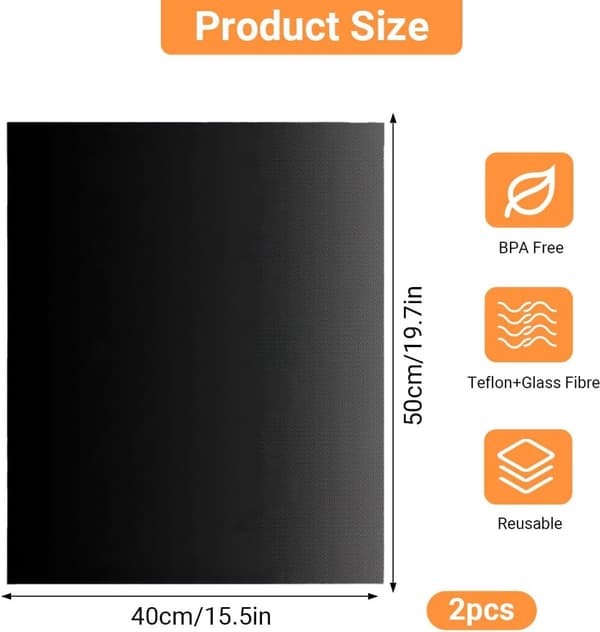 2-pack 40 x 50 cm Oven Mat Baking Tray Mat Bread Baking Mat BBQ Baking Mat Non-stick BBQ Baking Mat Teflon Oven Protector BPA-free Robust and Black