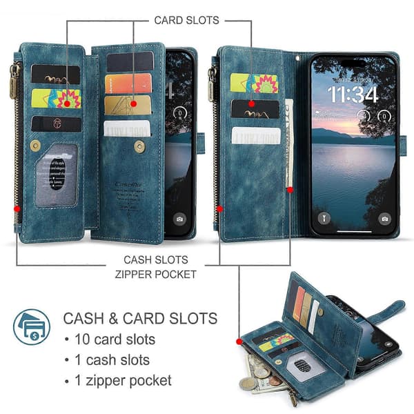 For iPhone 17 Pro Max Phone Case with Strap CASEME C30 Zipper Multiple Card Holders PU Leather Case