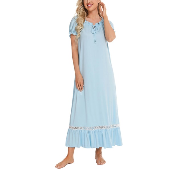 Nattlinnen för kvinnor Hem Pyjamas Nattlinne med snörning Kortärmad lång sovklänning Badrumsblå Storlek: XL