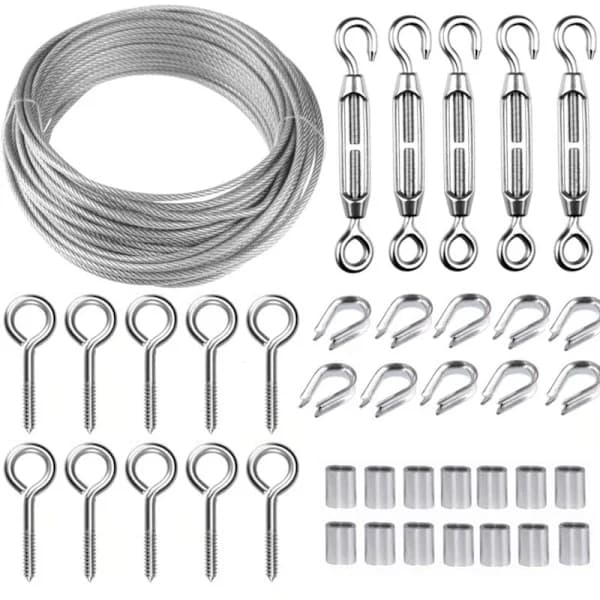 30M/2mm Rustfrit Stålkabel Kit med M5 Spænder til Planter, Tørresnor, Gelændere