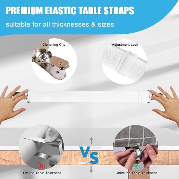 Tablecloth Holder Clips Hidden Strap 6-pack, Adjustable Elasticity Picnic Tablecloth Clamp Indoor Outdoor Large Clamp for Thick Tables Bench Covers