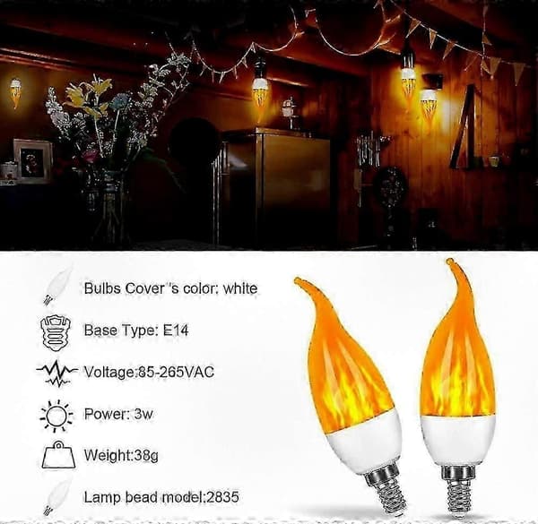 4-pakning E14 LED-flammepære, 3 W, 3 lysmoduser, dekorativ belysning