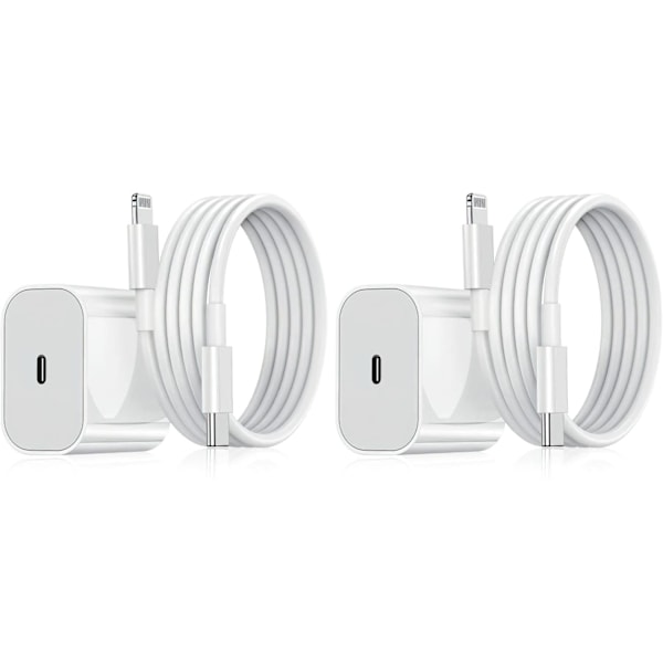 2-Pakning - Lader for iPhone Adapter+Kabel 20W USB-C Hurtiglader Hvit White one size