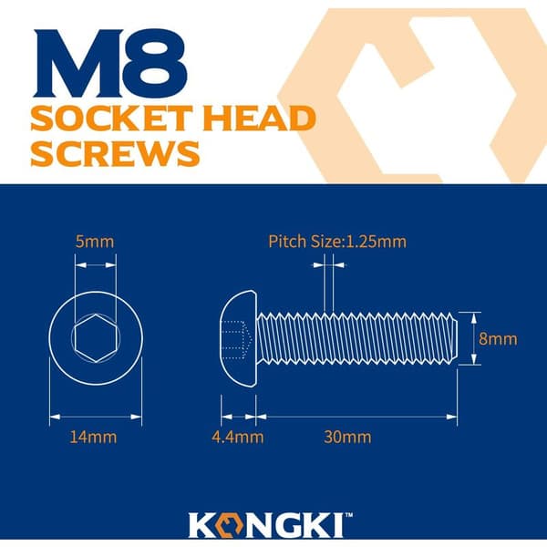 M8 x 30mm 20 Pieces Button Head Hex Bolt, 304 Stainless Steel Hex Bolt, Fully Threaded Bolt