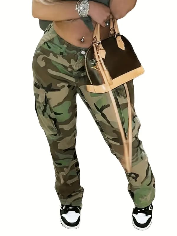 Dam Camouflage Cargo Jeans med Hög Midja - Medium Stretch, Höga Jeans med Sidfickor