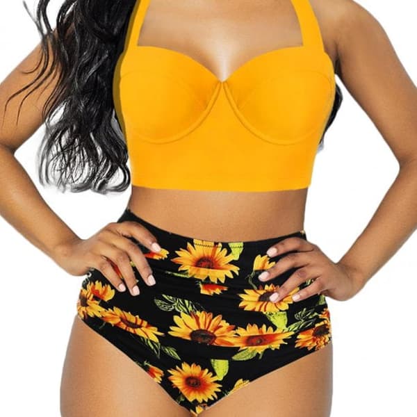 2 st Baddräkt Högmidjade Baddräkter Blomstertryck Halter Bandage Bikini Set