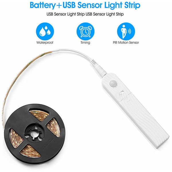 2M LED Strip with Motion Sensor, 120 LED Lights, Dimmable, Battery Operated, Self-Adhesive, for Kitchen, Cabinet