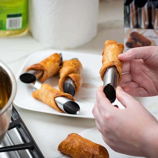 5-tommers store cannoliformer i rustfrit stål, non-stick flødehorn danske bageforme til croissant-skaller fløderulle, pakke med