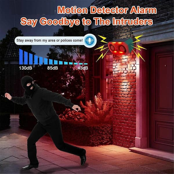 Solar Outdoor Motion Sensor Alarm with 13 Sounds, 130db Dual Speaker