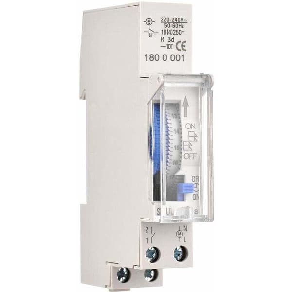 24-timers mekanisk timer, 15 minutter minimum, DIN-skinnemontering, indbygget batteri, SUL180a AC220-240V, grå