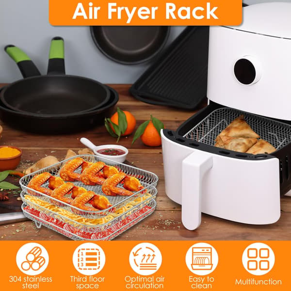 8 inch Square Air Fryer Rack, 3-Pack Stackable Stainless Steel Dehydrator Rack with Silicone Feet