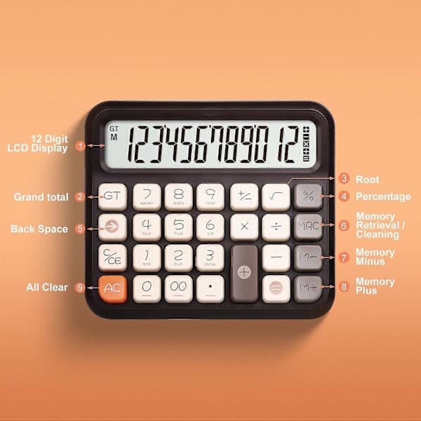 Desktop Calculator 12 Digits, Retro Cute Basic Calculator with Extra Large LCD Display and Buttons - Brown