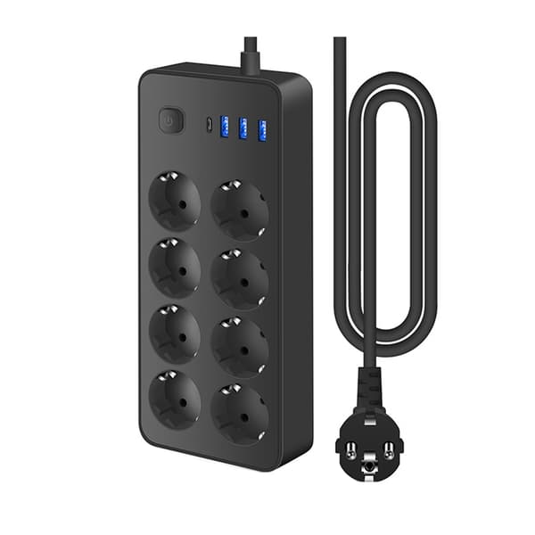 INF Sort EU Standard USB-C Stikdåse med 8 Stik og 3 USB-Porte